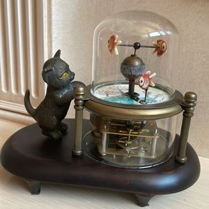 Cat Catching Fish in Glass Case Clock